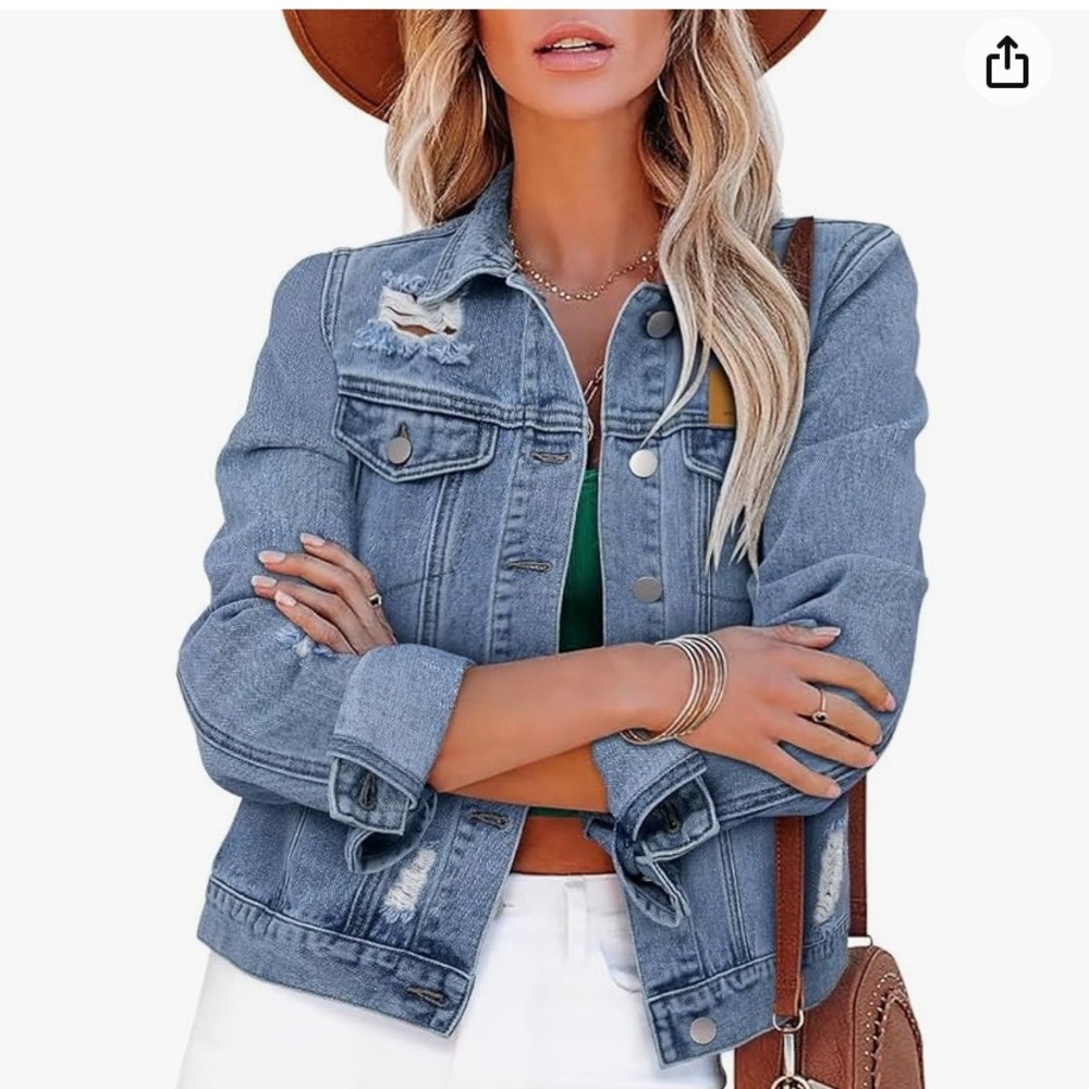 M,L ZOLUCKY Womens Denim Jacket Distressed Frayed Ripped Jean Jacket Casual